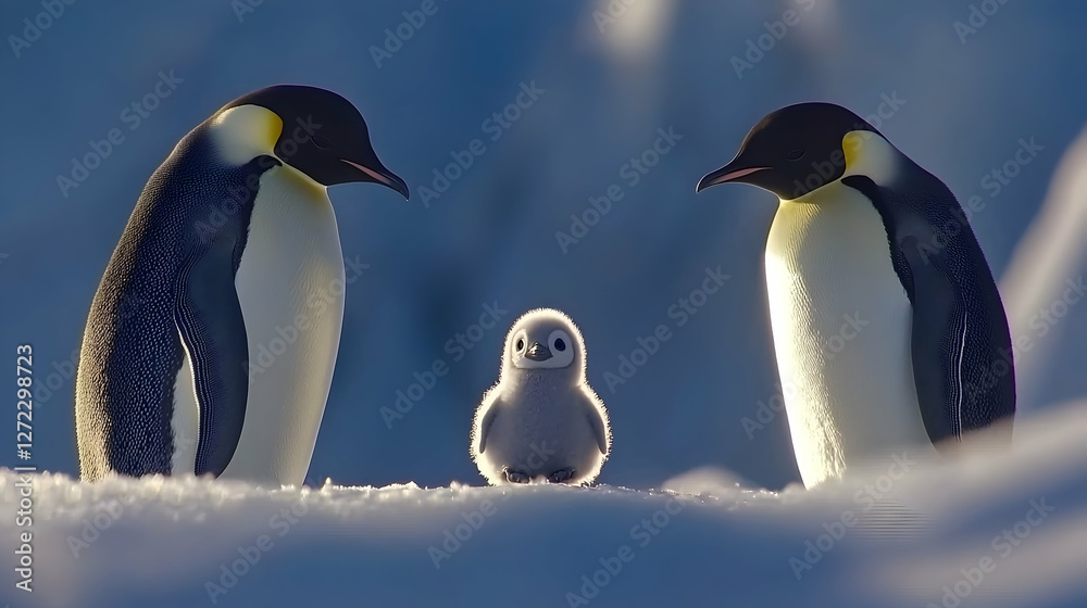 Obraz premium Antarctic Emperor Penguin Family, Chick, Snowy Landscape, Wildlife Conservation