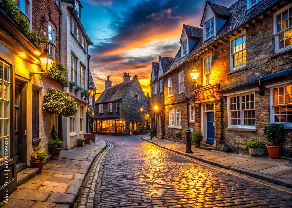 Fototapeta premium Long Exposure: Charming Cobbled Street in Historic English Town
