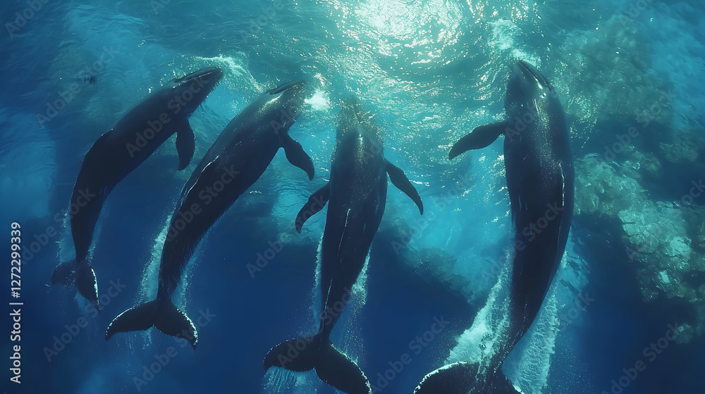 Obraz premium Whale pod playfully surfacing, ocean coral reef background, underwater wildlife documentary footage
