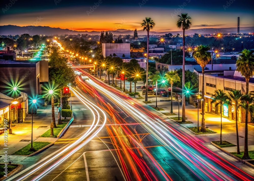 Long Exposure City Lights, Downey California Night Scene Long Exposure City Lights, Downey California Night Scene