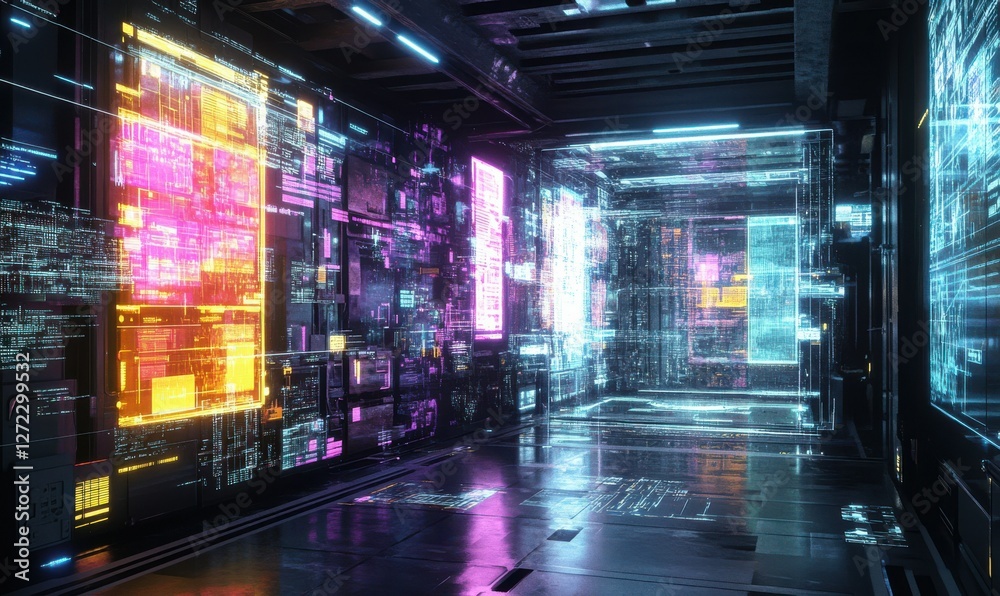 Neon-lit futuristic cityscape with glowing skyscrapers and reflective surfaces Neon-lit futuristic cityscape with glowing skyscrapers and reflective surfaces