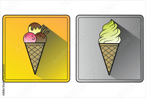 Two ice cream cones, one with three scoops of different flavors and chocolate sticks, and another with matcha soft serve, are displayed on contrasting backgrounds