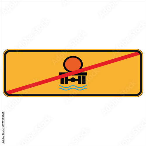 Yellow road sign with black frame and red diagonal bar prohibiting water pollution from industrial waste discharge