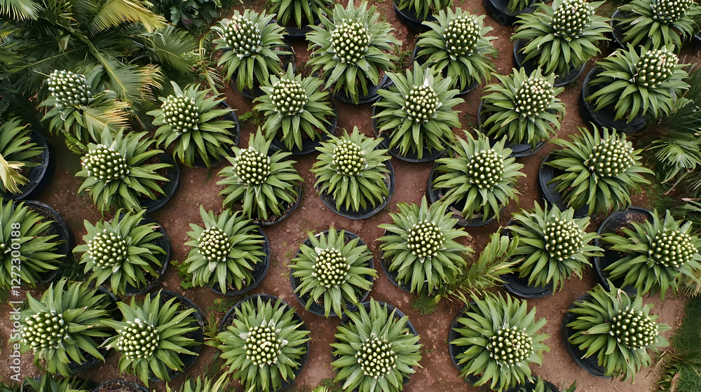 Aerial view of potted pineapple plants in a tropical nursery, showing rows of plants and surrounding palms; agricultural cultivation Aerial view of potted pineapple plants in a tropical nursery, showing rows of plants and surrounding palms; agricultural cultivation