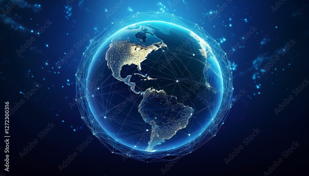 Obraz premium Earth global network connection atlantic ocean deep blue background. Generated image