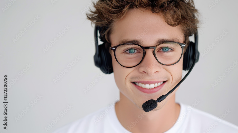Male call center operator with a headset smiles while engaging in an efficient video call with a client. Male call center operator with a headset smiles while engaging in an efficient video call with a client.