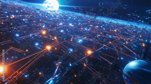 Numerous orbital satellites move rapidly in the vastness of space, interconnected by glowing pathways, all while a bright celestial object illuminates the scene