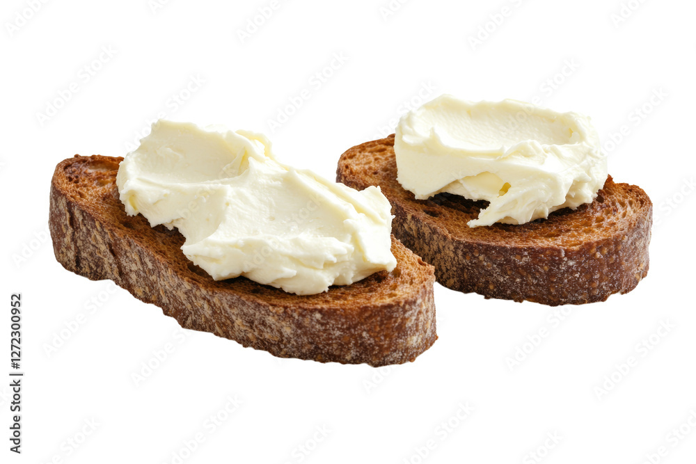 Two slices of bread with white spread on them, isolated Two slices of bread with white spread on them, isolated