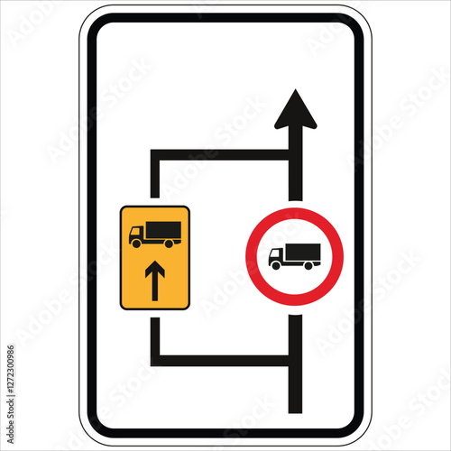 Regulatory road sign guiding trucks along mandatory path while prohibiting their entry in a specific direction, ensuring traffic flow and safety