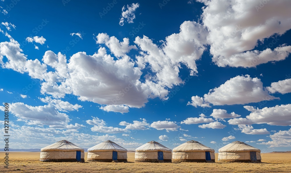 A row of yurts in a desert landscape under a vast, cloud-filled sky, highlighting the simplicity and beauty of nomadic living. A row of yurts in a desert landscape under a vast, cloud-filled sky, highlighting the simplicity and beauty of nomadic living.