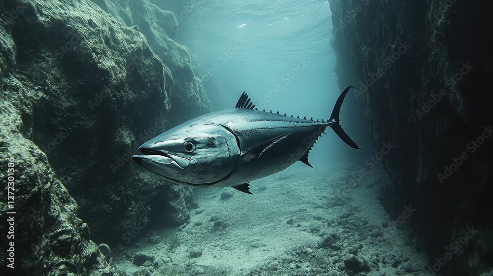 Obraz premium Ocean's Depth: A Tuna's Graceful Passage Through Underwater Canyon