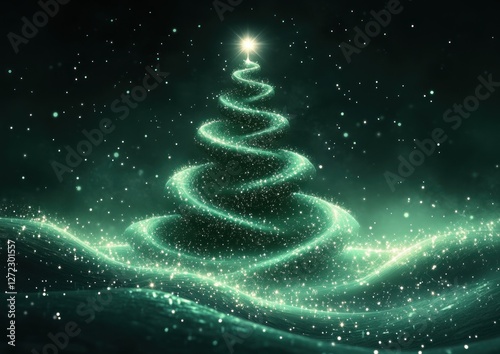 Christmas Tree Illustration with Spiraling Stars on Green Background