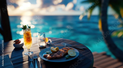 A luxury dining table set on a Fijian overwater bungalow features grilled salmon, tropical drinks, and breathtaking sunset colors reflecting on the water