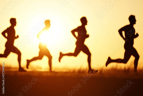 Group of runners are running in the sun, with the sun shining brightly on them
