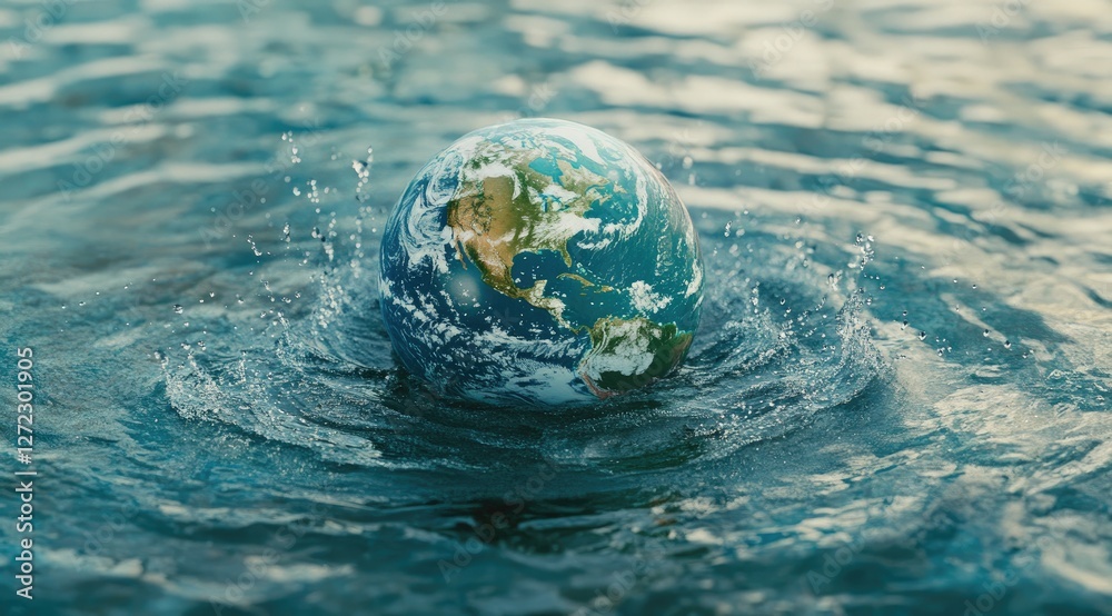 Earth sinking in water; global warming concept; ripples on water surface Earth sinking in water; global warming concept; ripples on water surface