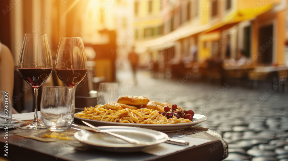 A rustic trattoria table is beautifully set with a plate of pasta, wine glasses, and assorted food under the warm glow of sunset. The street is inviting, showcasing vibrant buildings nearby A rustic trattoria table is beautifully set with a plate of pasta, wine glasses, and assorted food under the warm glow of sunset. The street is inviting, showcasing vibrant buildings nearby