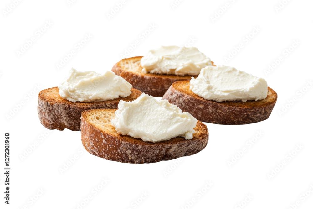 Four slices of bread with a white spread on top, isolated Four slices of bread with a white spread on top, isolated