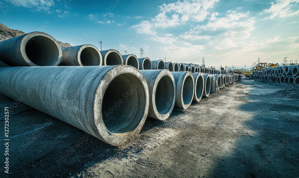 Rows of large concrete pipes stored in an outdoor industrial yard, industrial storage, construction materials logistics Rows of large concrete pipes stored in an outdoor industrial yard, industrial storage, construction materials logistics