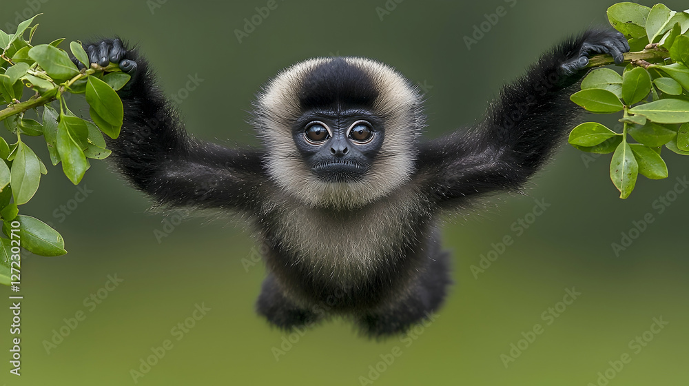 Fototapeta premium Young monkey swinging, rainforest branches, lush green background, wildlife conservation