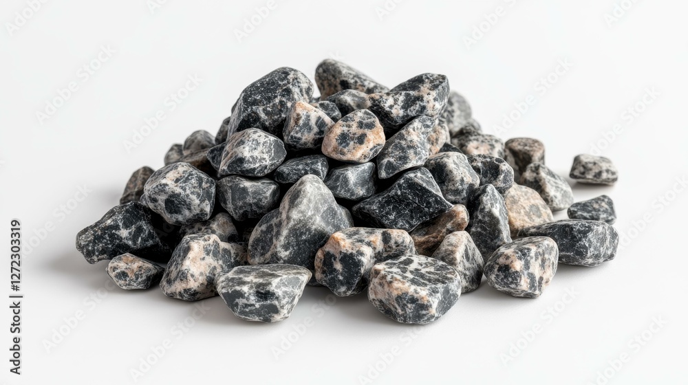 A closeup of a random pile of stones, showcasing unique textures of granite against a crisp white backdrop. A closeup of a random pile of stones, showcasing unique textures of granite against a crisp white backdrop.