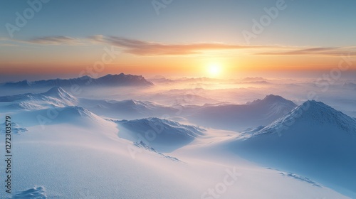 Snowy mountain range sunset landscape, aerial view, winter wonderland, travel poster photo