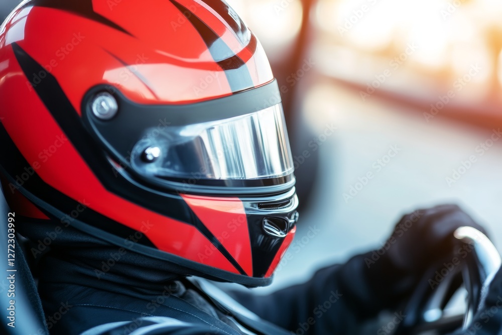 Fototapeta premium Man wearing a red helmet is sitting in a car