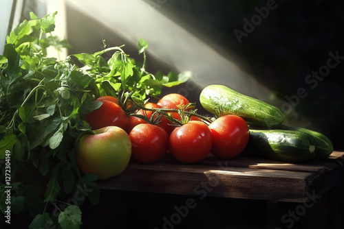 Fresh produce arrangement showcasing tomatoes, cucumbers, and herbs on a wooden table with sunlight streaming in photo