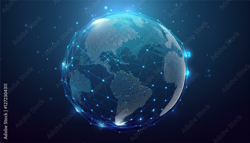 Fototapeta premium World globe with low polys and glowing dots, global digital network realistic vector background. Generated image