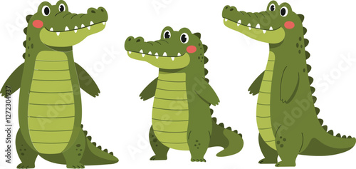 Cute cartoon crocodiles in playful poses with flat design style vector art