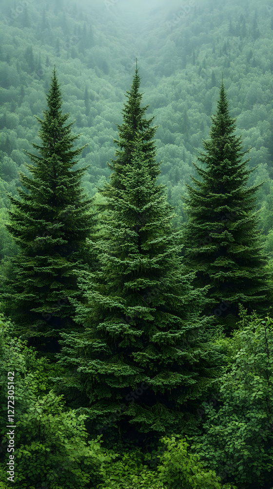 Three Tall Pine Trees In Lush Green Forest Three Tall Pine Trees In Lush Green Forest