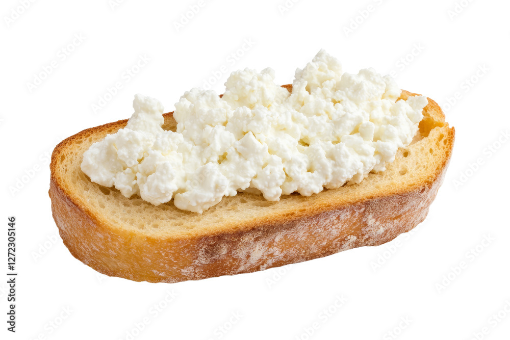 Slice of bread with a white cheese spread on it, isolated Slice of bread with a white cheese spread on it, isolated