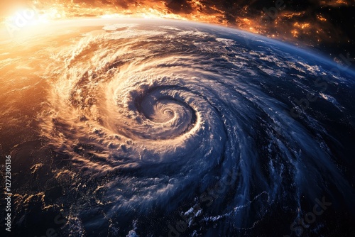 Earth's swirling hurricane, dramatic sunset, atmospheric vortex photo