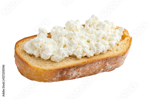 Slice of bread with a white cheese spread on it, isolated