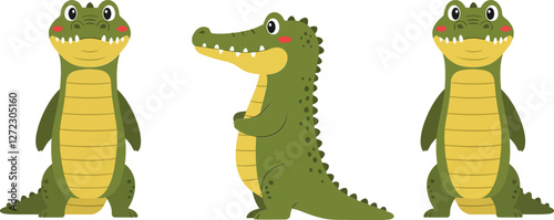 Friendly cartoon crocodile character in playful poses flat vector illustration