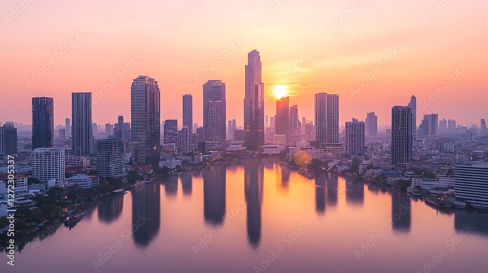 Fototapeta premium City Skyline Reflecting in Water at Sunrise