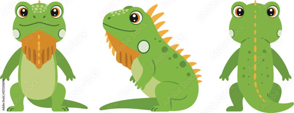 Fototapeta premium Cute green lizard character in three poses with minimal flat design vector art