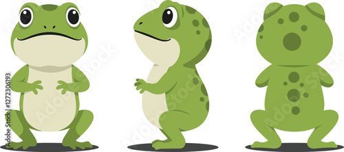 Green frog character design in minimal flat style showcasing three poses vector art
