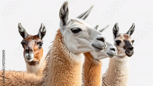 Three Llamas Standing Together Against White Background