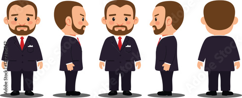 Businessman character in various poses in flat style vector illustration