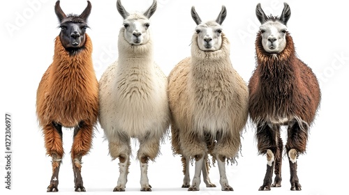 Three Llamas Standing Together Against White Background