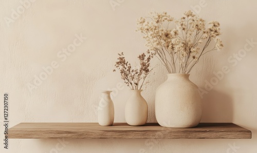 Handcrafted ceramic vases filled with dried floral arrangements, placed on wooden shelves against a soft beige wall, evoking warmth and simplicit photo