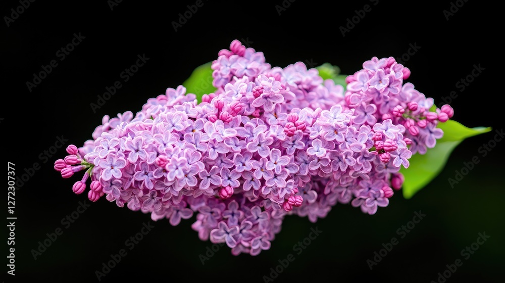 Obraz premium Blooming purple lilac flowers with green leaves isolated on a solid black background.