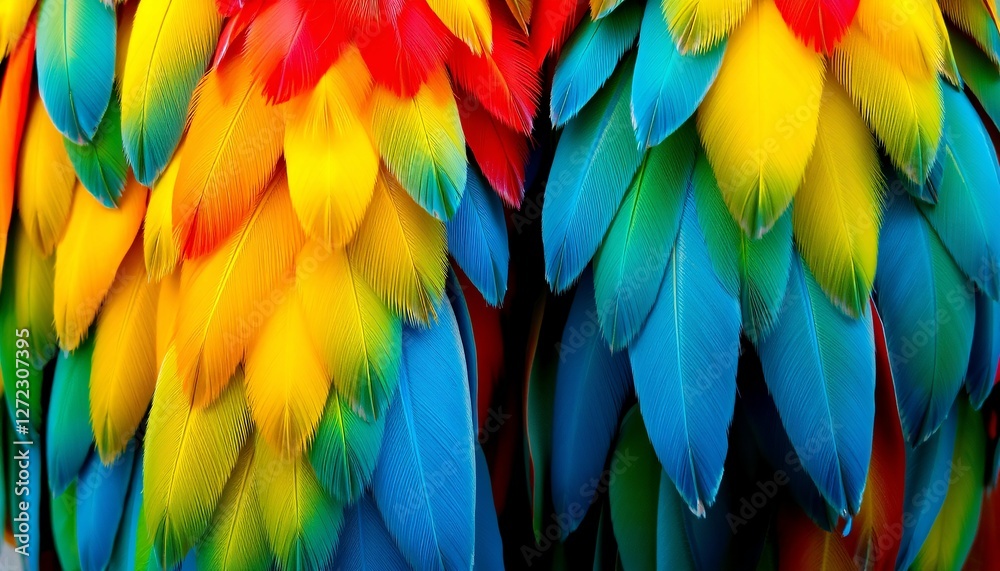 Fototapeta premium Close-Up of Vibrant Colorful Parrot Feathers, Detailed Photograph of Exotic Bird Plumage