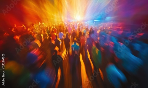 Energetic crowd enjoying a live concert, colorful stage lighting and motion blur capturing the dynamic atmosphere of the nigh