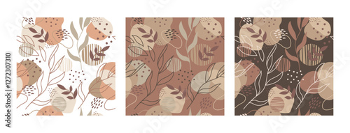 Exotic tropical plants, spots and abstract shapes. Contemporary seamless pattern set. Trendy mocha mousse palette. Vector illustration. Modern Art design. For paper, cover, fabric, interior decor