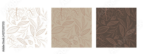 Exotic tropical plants, spots and abstract shapes. Contemporary seamless pattern set. Trendy mocha mousse palette. Vector illustration. Modern Art design. For paper, cover, fabric, interior decor