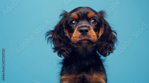 Looking so sweet and full of hope. English cocker spaniel young dog is posing. Cute playful braun doggy or pet is sitting isolated on blue background. Concept of motion, action, movement.