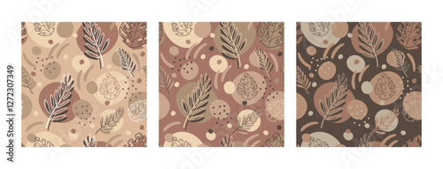 Exotic tropical plants, spots and abstract shapes. Contemporary seamless pattern set. Trendy mocha mousse palette. Vector illustration. Modern Art design. For paper, cover, fabric, interior decor
