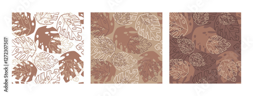 Exotic tropical plants, spots and abstract shapes. Contemporary seamless pattern set. Trendy mocha mousse palette. Vector illustration. Modern Art design. For paper, cover, fabric, interior decor