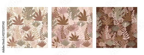 Exotic tropical plants, spots and abstract shapes. Contemporary seamless pattern set. Trendy mocha mousse palette. Vector illustration. Modern Art design. For paper, cover, fabric, interior decor